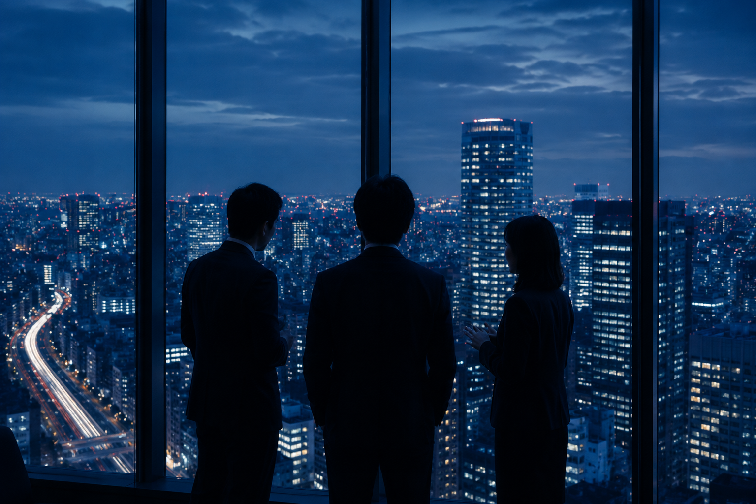 東京の夜景を望むオフィスで語り合うチーム